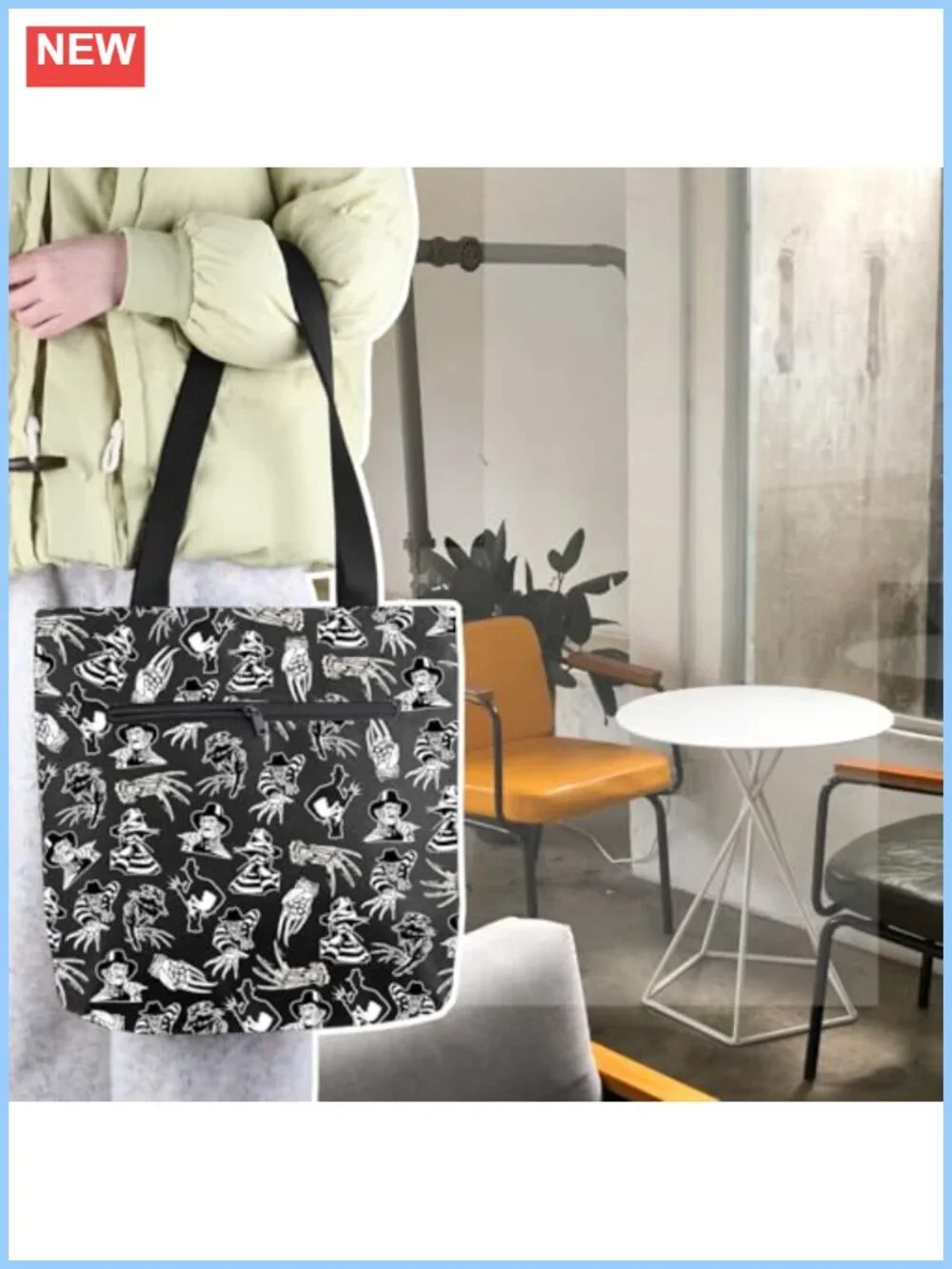 Horror Movie Character Cotton Canvas Tote Bag with Zipper Pockets